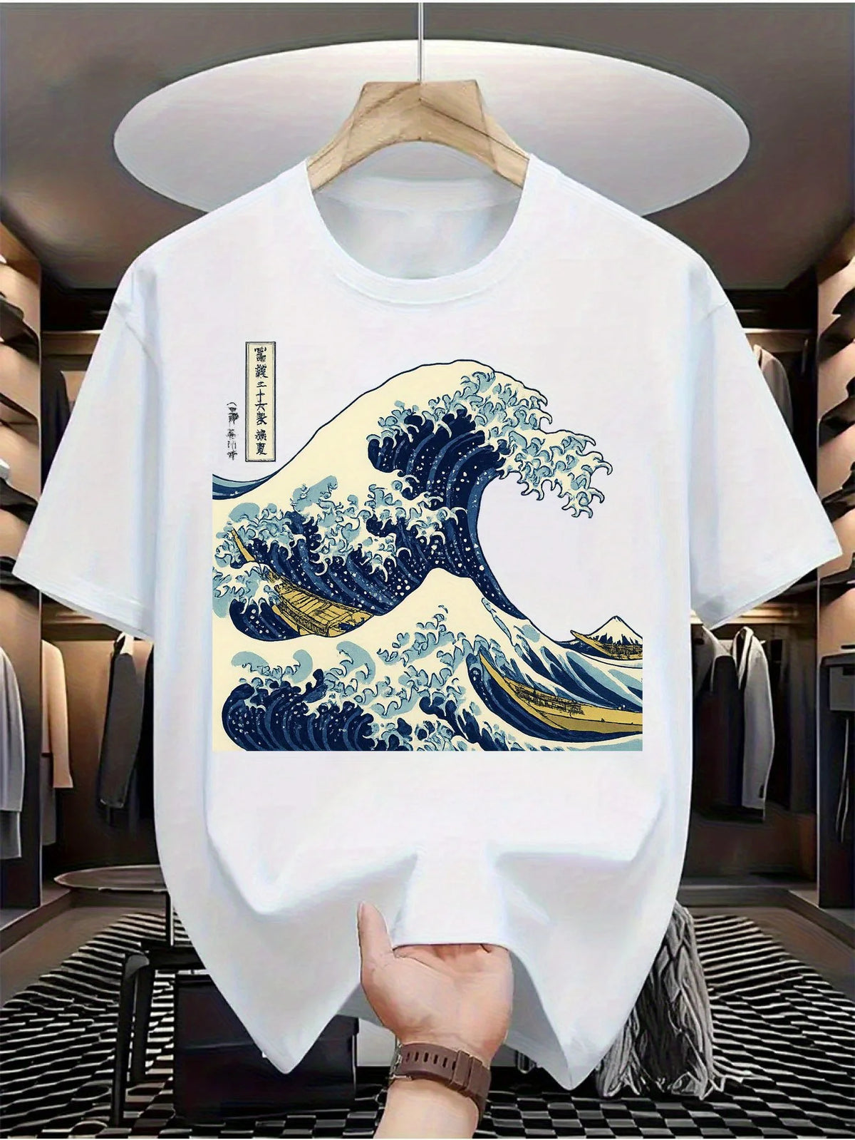 Men's Summer Pure Cotton Casual Loose Kanagawa Surfing Art Print Comfortable Sports Round Neck Short Sleeved T-Shirt Top