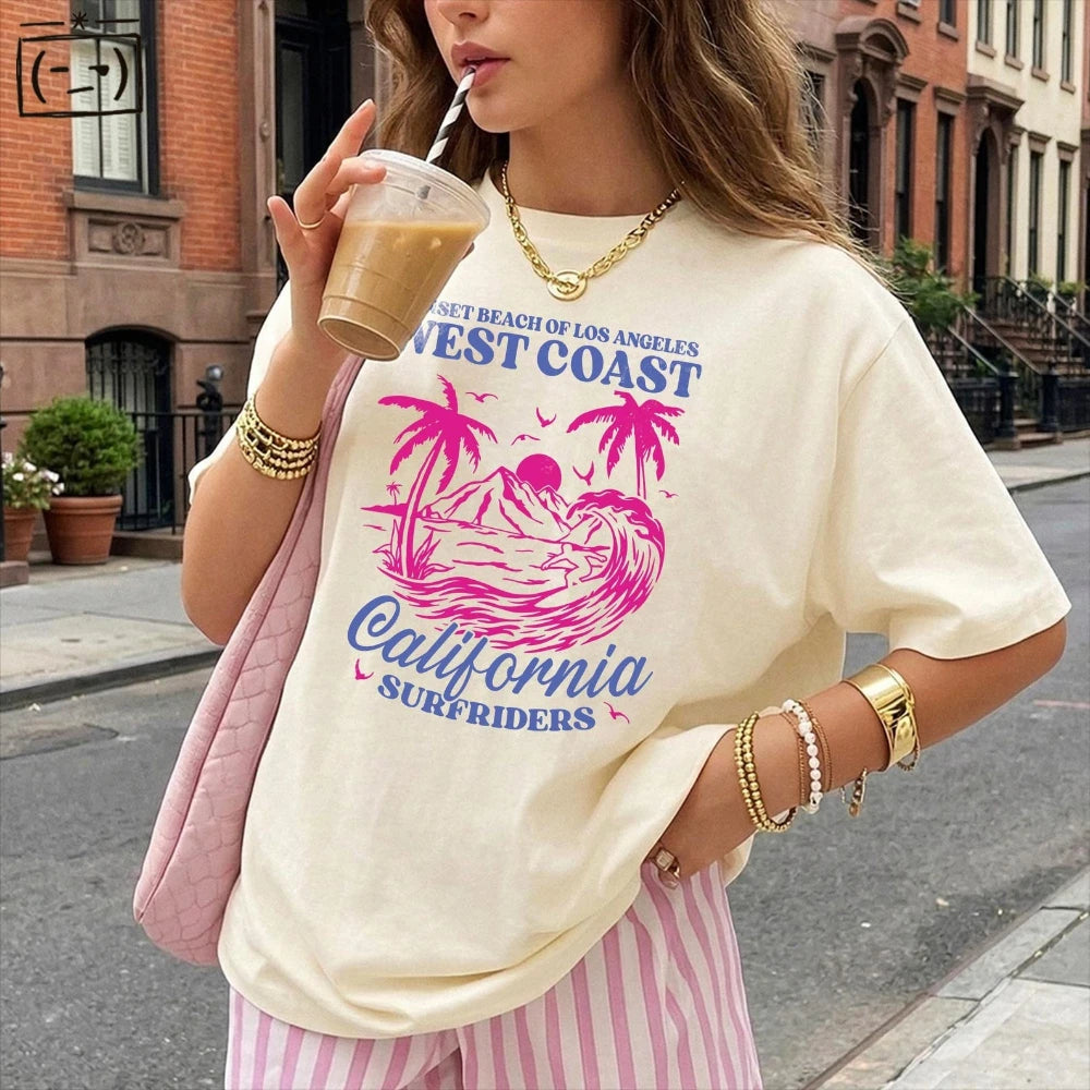 West Coast California Graphic T-Shirt Retro Beach Surf Tee Sunset Palm Tree Shirt Summer Aesthetic Women’s Casual Tee Y2k Tops
