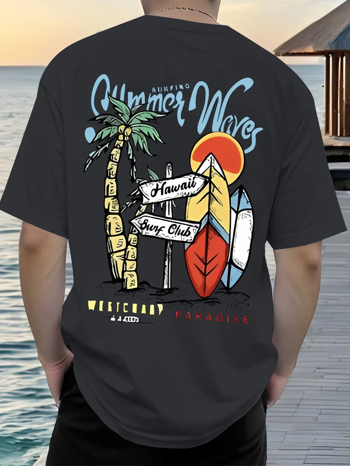 2026 Men's 100% Cotton Summer Waves Hawaii Surf Print T-Shirt White Short Sleeve Casual Tee For Beach & Surf Fans
