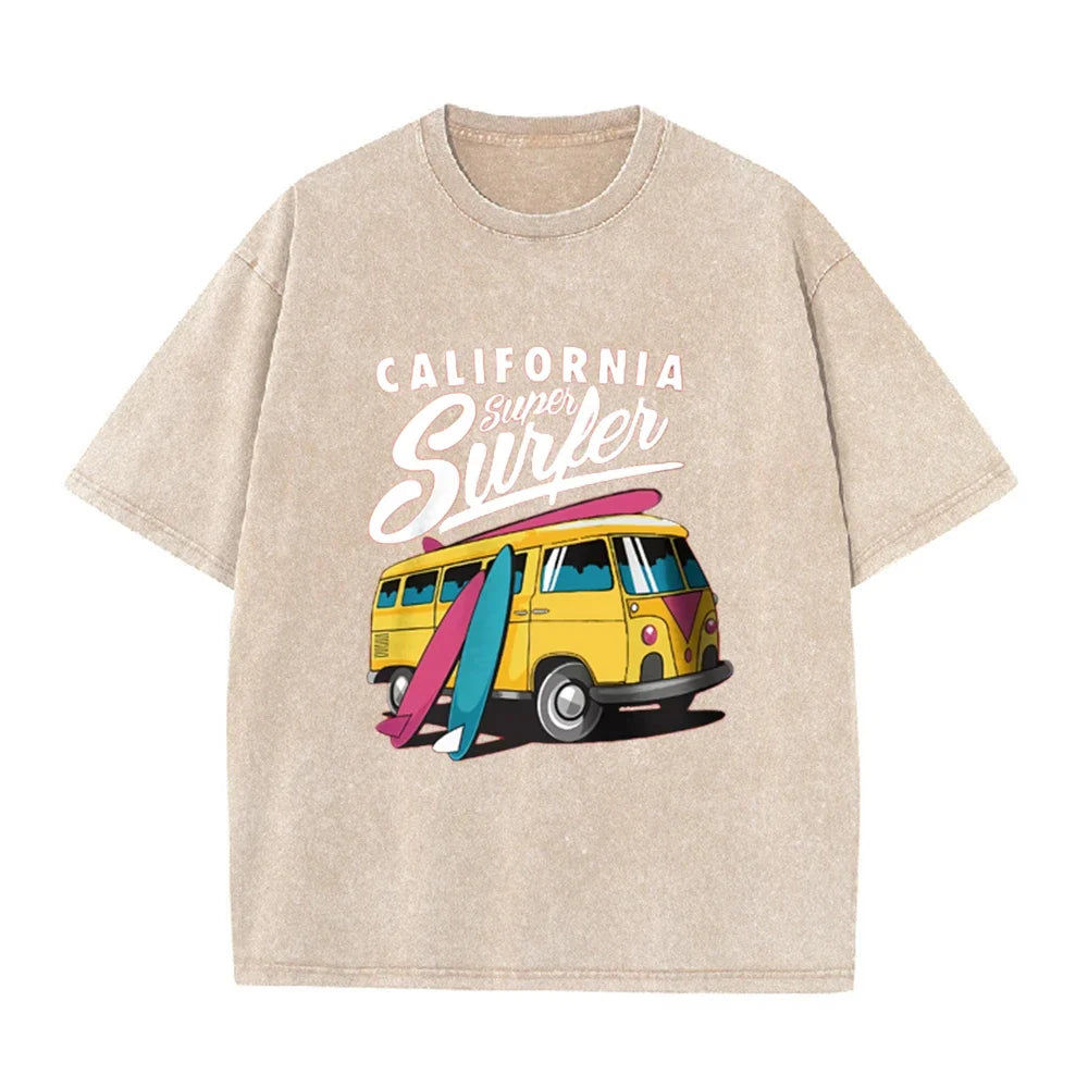 2026 California Super Surfer Van T Shirt Vintage Washed Pink Retro Graphic Tee Unisex Casual Beach Top
