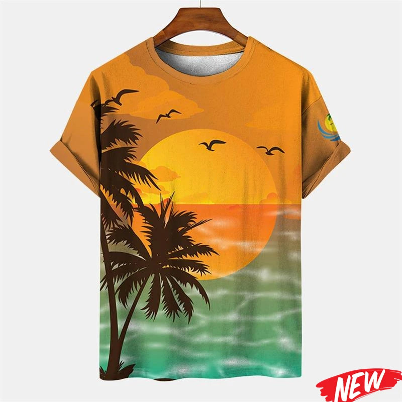 New Palm Tree Graphic Men's T-shirt Hawaiian Summer Beach T Shirt Casual Round Neck Short Sleeve Tops Street Loose Tee Shirts