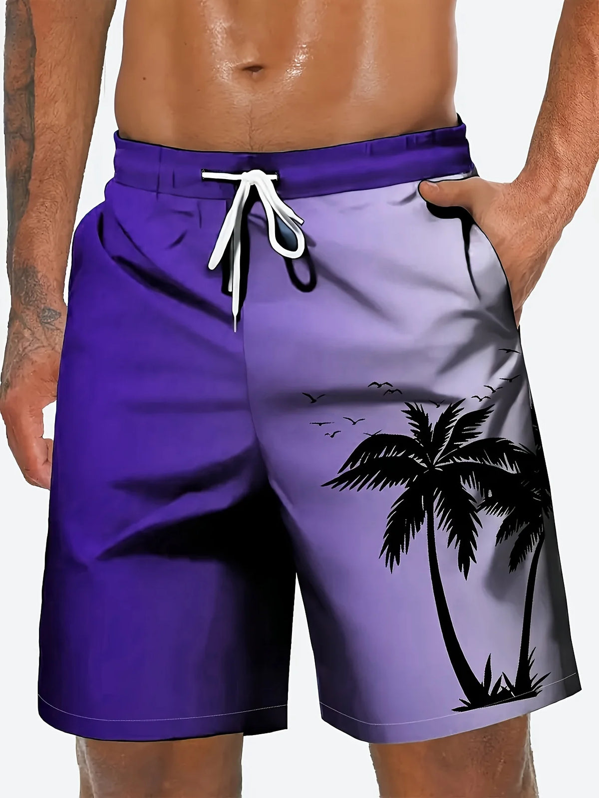 2026 New Harajuku-Style Coconut Tree Print Beach Shorts Summer Mens Palm Tree Gradient Surf Shorts Hawaiian-Inspired Cool Trunks
