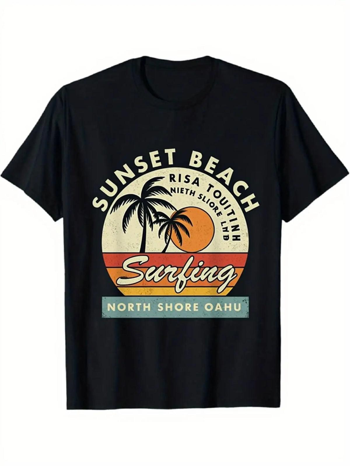 Vintage Men's Black Graphic T-Shirt Sunset Beach Surfing Palm Tree Orange Sun North Shore Oahu Retro Travel Letter Print 100% Cotton Heavyweight Short Sleeve Casual Streetwear Tee