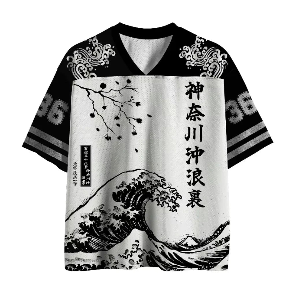 Retro Japanese Ukiyo-e Wave 3D Print Sport Quickdry Breatha Men V-Neck T-Shirt Street  Fashion Hip-Hop Y2K parent-child clothing