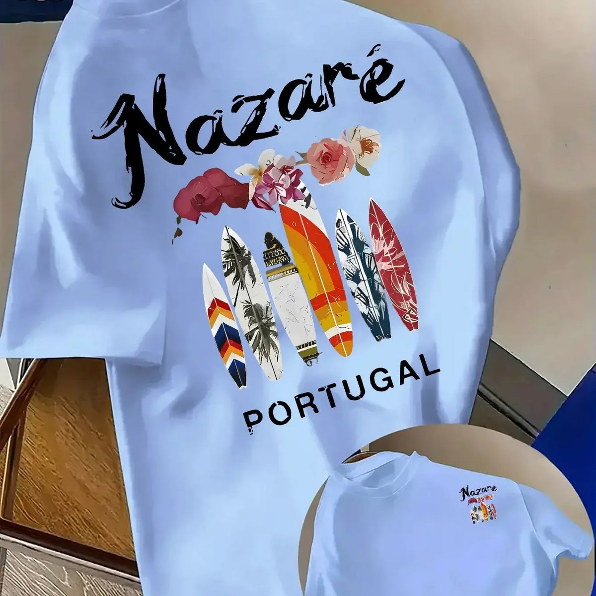 100% Cotton Men's Printed T-Shirt Portugal Nazaré Surfboard Pattern Casual Beach Sports Crew Neck T-Shirt
