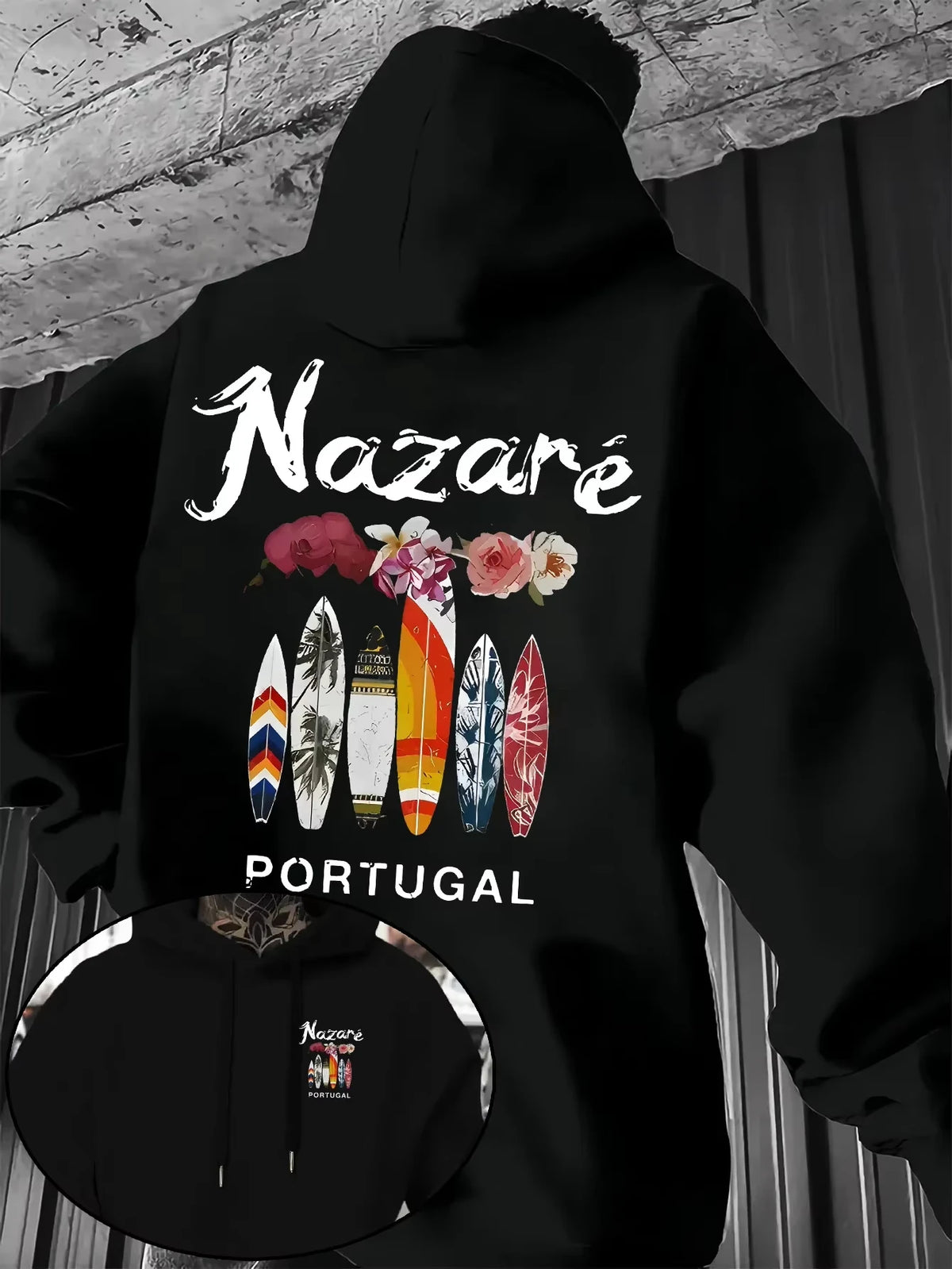 2026 Men’s Nazare Portugal Hoodie Surfboard Floral Graphic Front Back Print Fleece Pullover Sweatshirt Streetwear Autumn Winter