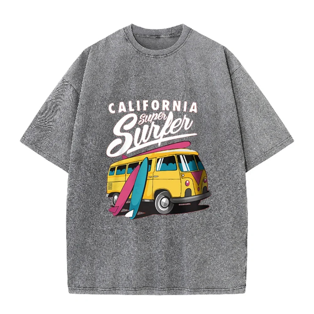 2026 California Super Surfer Van T Shirt Vintage Washed Pink Retro Graphic Tee Unisex Casual Beach Top