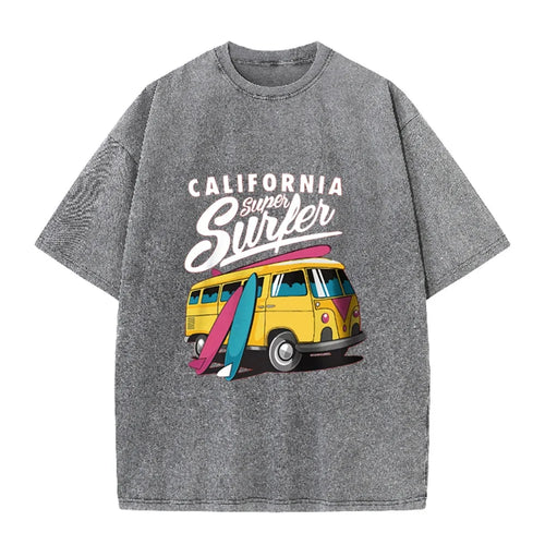 2026 California Super Surfer Van T Shirt Vintage Washed Pink Retro Graphic Tee Unisex Casual Beach Top