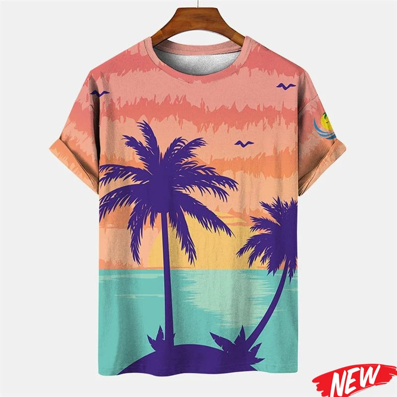 New Palm Tree Graphic Men's T-shirt Hawaiian Summer Beach T Shirt Casual Round Neck Short Sleeve Tops Street Loose Tee Shirts