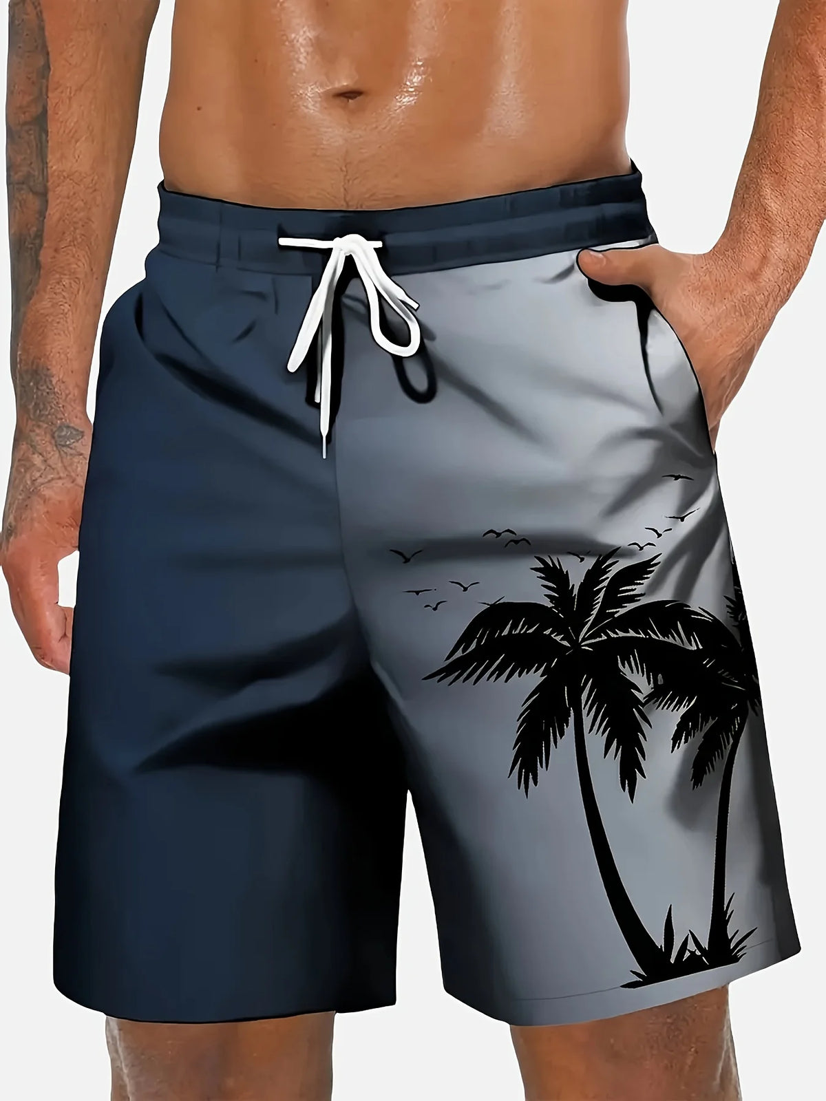 2026 New Harajuku-Style Coconut Tree Print Beach Shorts Summer Mens Palm Tree Gradient Surf Shorts Hawaiian-Inspired Cool Trunks
