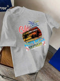 California Venice Beach Surf Contest Graphic T Shirt Men Front Print Retro Palm Sunset Beach 100% Cotton Casual Short Sleeve Tee