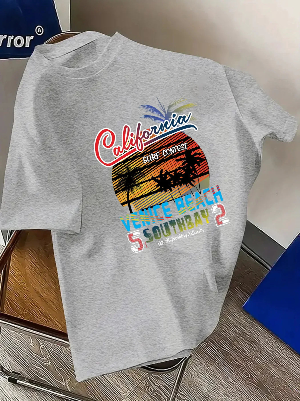 California Venice Beach Surf Contest Graphic T Shirt Men Front Print Retro Palm Sunset Beach 100% Cotton Casual Short Sleeve Tee