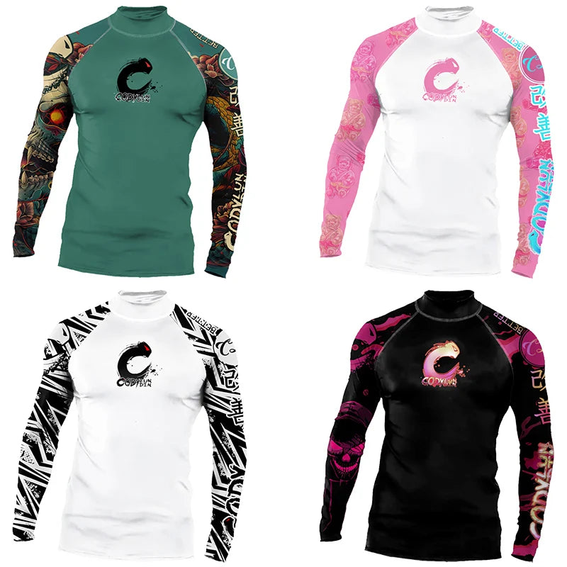 High Elasticity Couple UPF 50+ Long Sleeve Rash Guard Men Quick Dry Surf Shirt Sun Protection Swimwear for Swimming Beach Sports