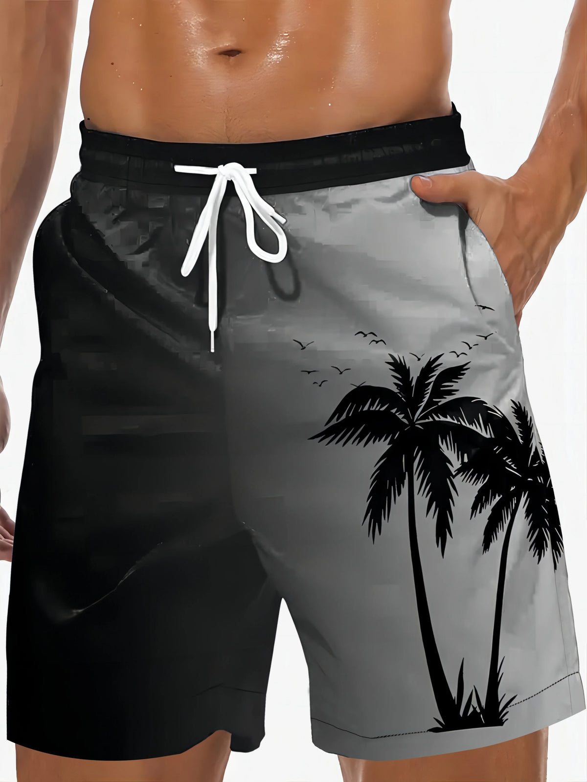 2026 New Harajuku-Style Coconut Tree Print Beach Shorts Summer Mens Palm Tree Gradient Surf Shorts Hawaiian-Inspired Cool Trunks