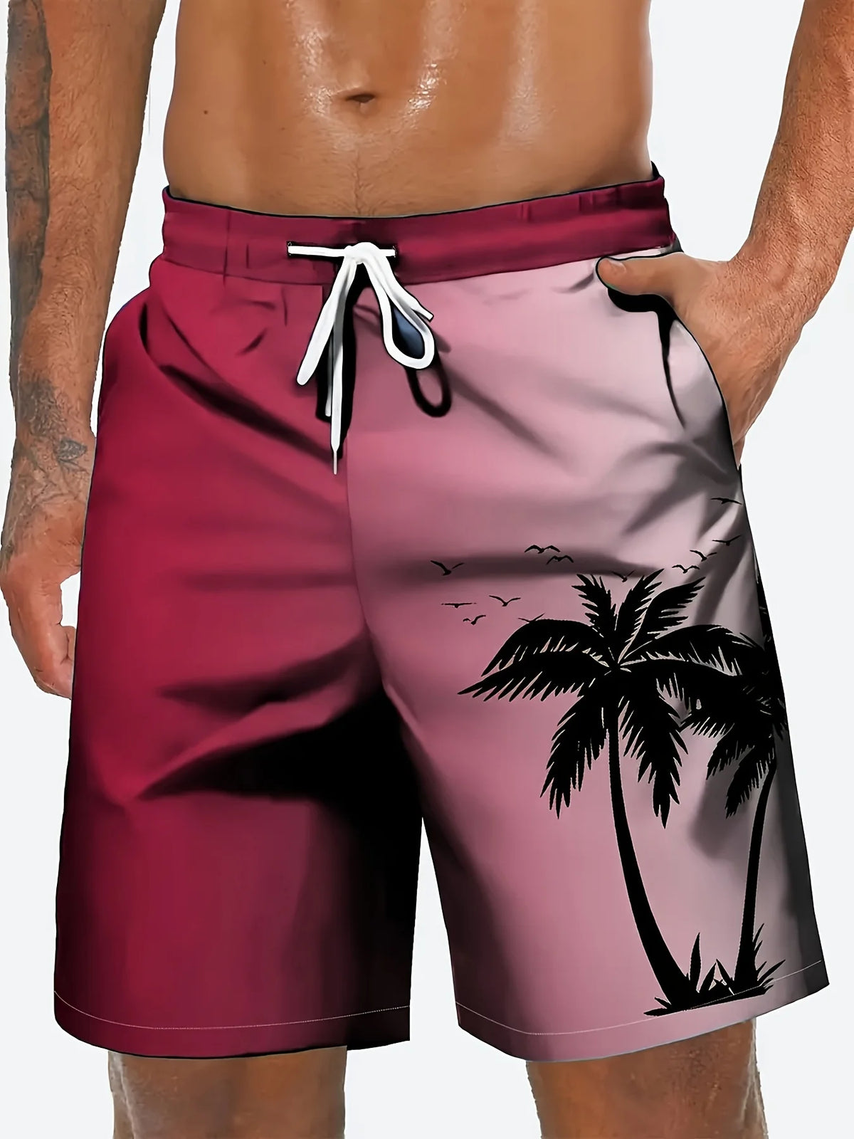 2026 New Harajuku-Style Coconut Tree Print Beach Shorts Summer Mens Palm Tree Gradient Surf Shorts Hawaiian-Inspired Cool Trunks