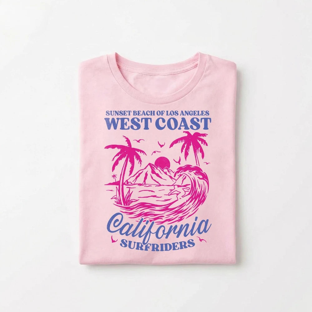 West Coast California Graphic T-Shirt Retro Beach Surf Tee Sunset Palm Tree Shirt Summer Aesthetic Women’s Casual Tee Y2k Tops