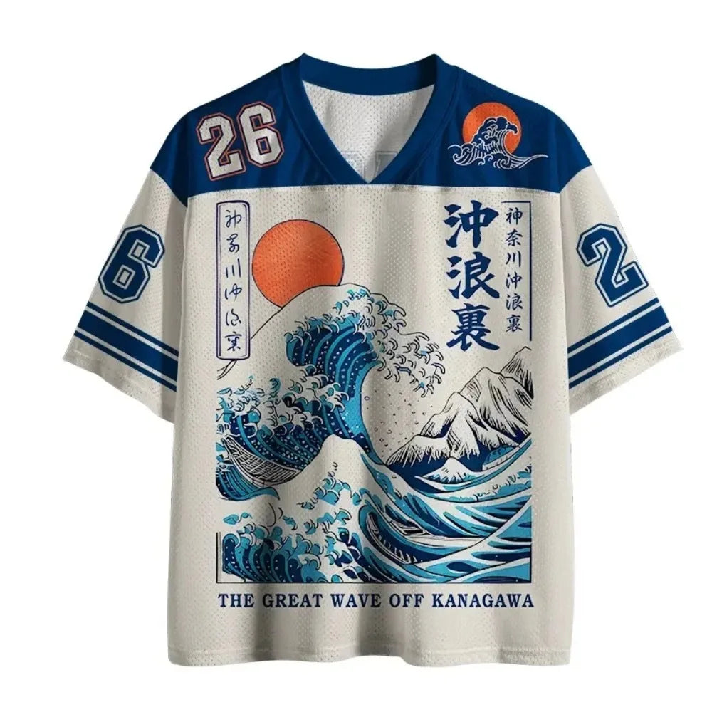 Retro Japanese Ukiyo-e Wave 3D Print Sport Quickdry Breatha Men V-Neck T-Shirt Street  Fashion Hip-Hop Y2K parent-child clothing