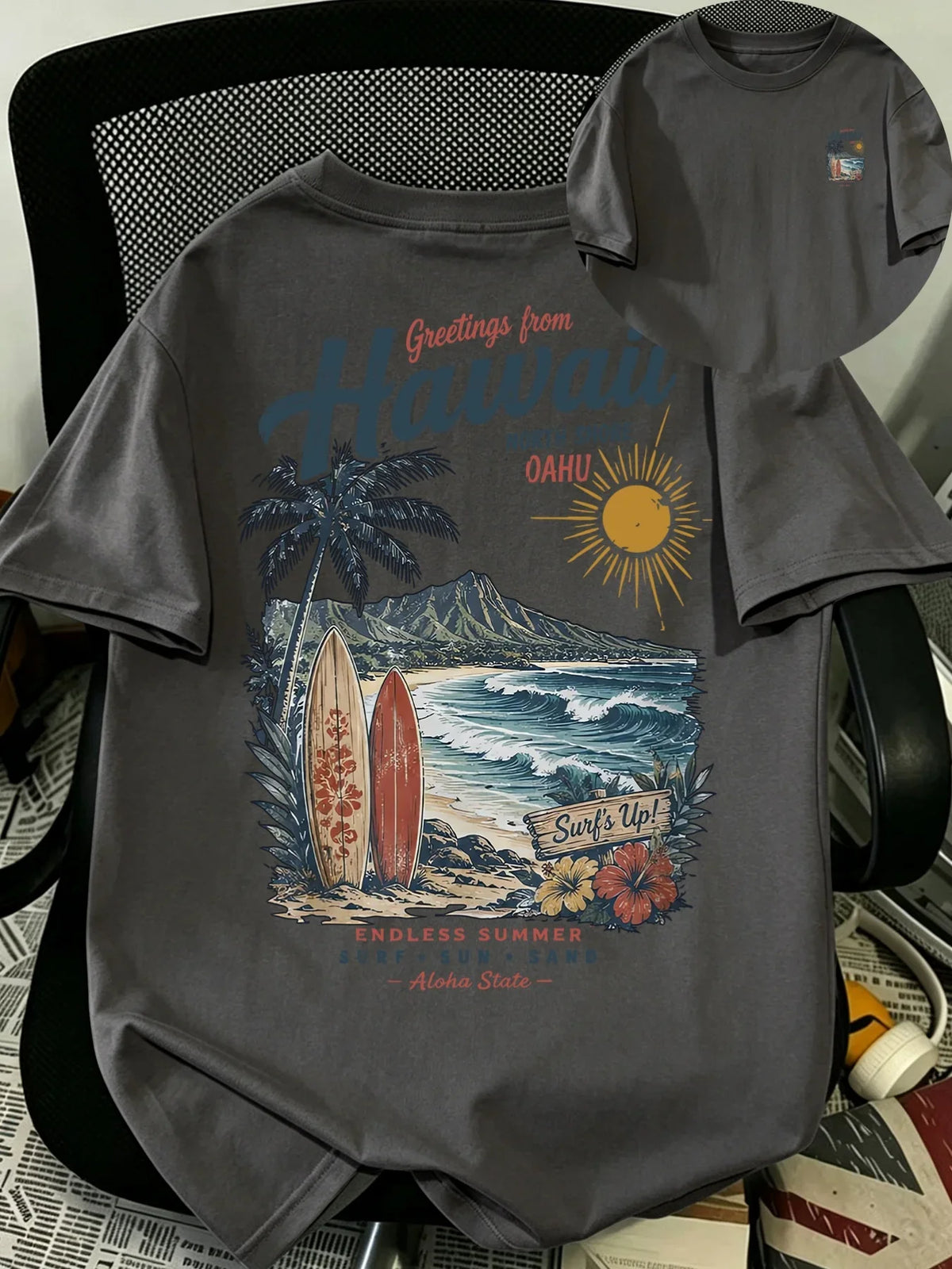 Men's Hawaii Surf T Shirt 100% Cotton Tropical Beach Palm Tree Graphic Print Vintage Vacation Streetwear Oversized Summer Tee