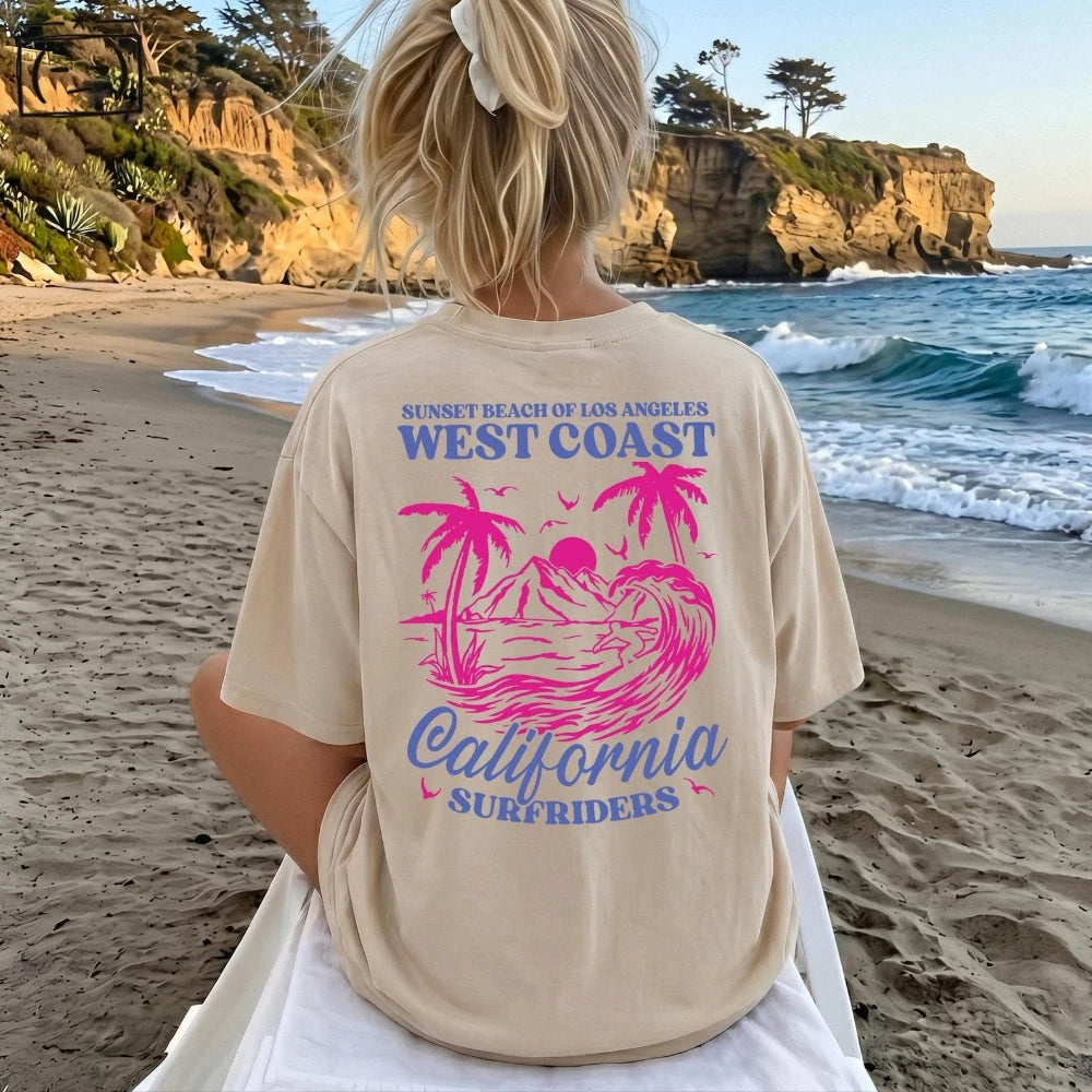 West Coast California Graphic T-Shirt Retro Beach Surf Tee Sunset Palm Tree Shirt Summer Aesthetic Women’s Casual Tee Y2k Tops