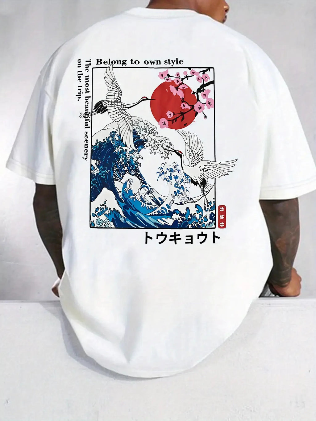 New 100% Cotton Fashion T-shirt Adult Men Kanagawa Cherry Blossom Japan Features Simple Design Comfortable Soft Breathable