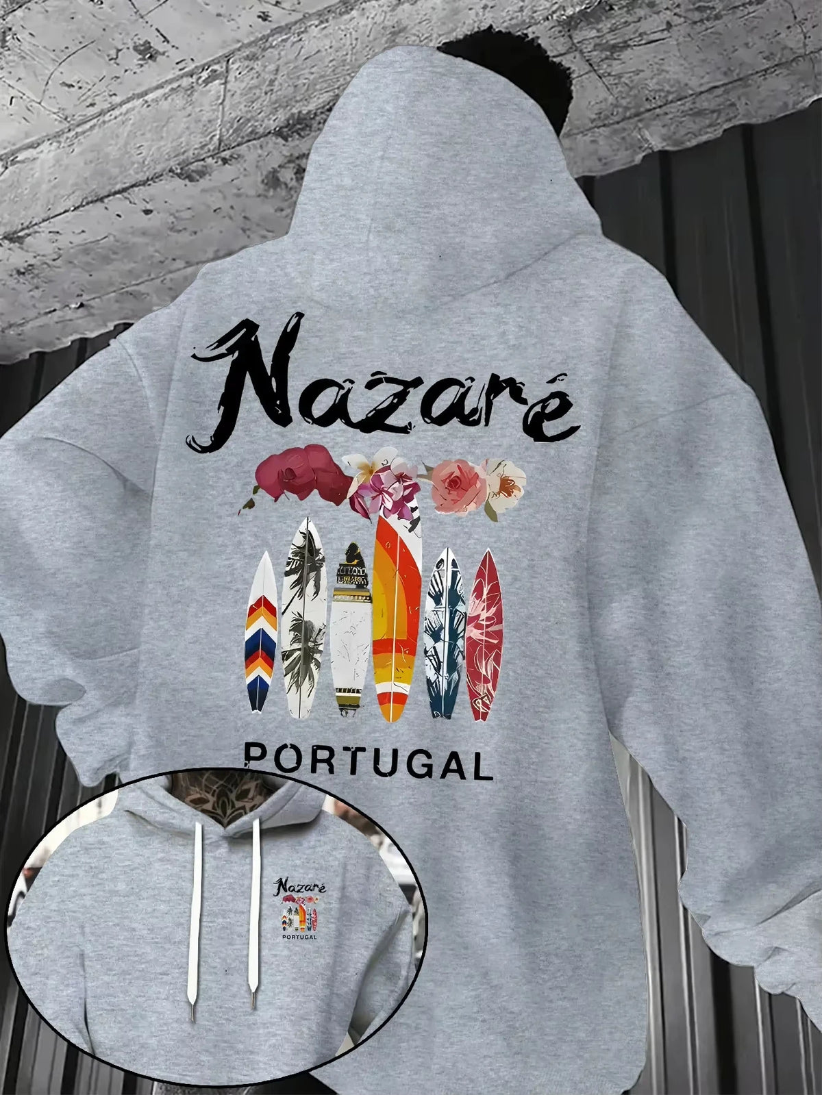 2026 Men’s Nazare Portugal Hoodie Surfboard Floral Graphic Front Back Print Fleece Pullover Sweatshirt Streetwear Autumn Winter