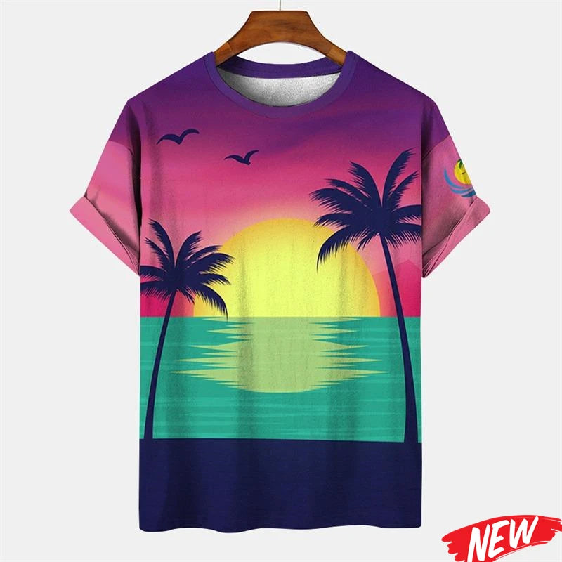New Palm Tree Graphic Men's T-shirt Hawaiian Summer Beach T Shirt Casual Round Neck Short Sleeve Tops Street Loose Tee Shirts
