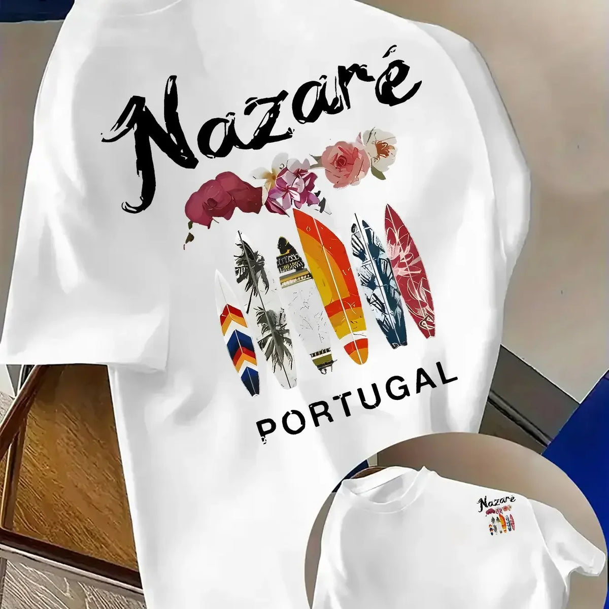 100% Cotton Men's Printed T-Shirt Portugal Nazaré Surfboard Pattern Casual Beach Sports Crew Neck T-Shirt