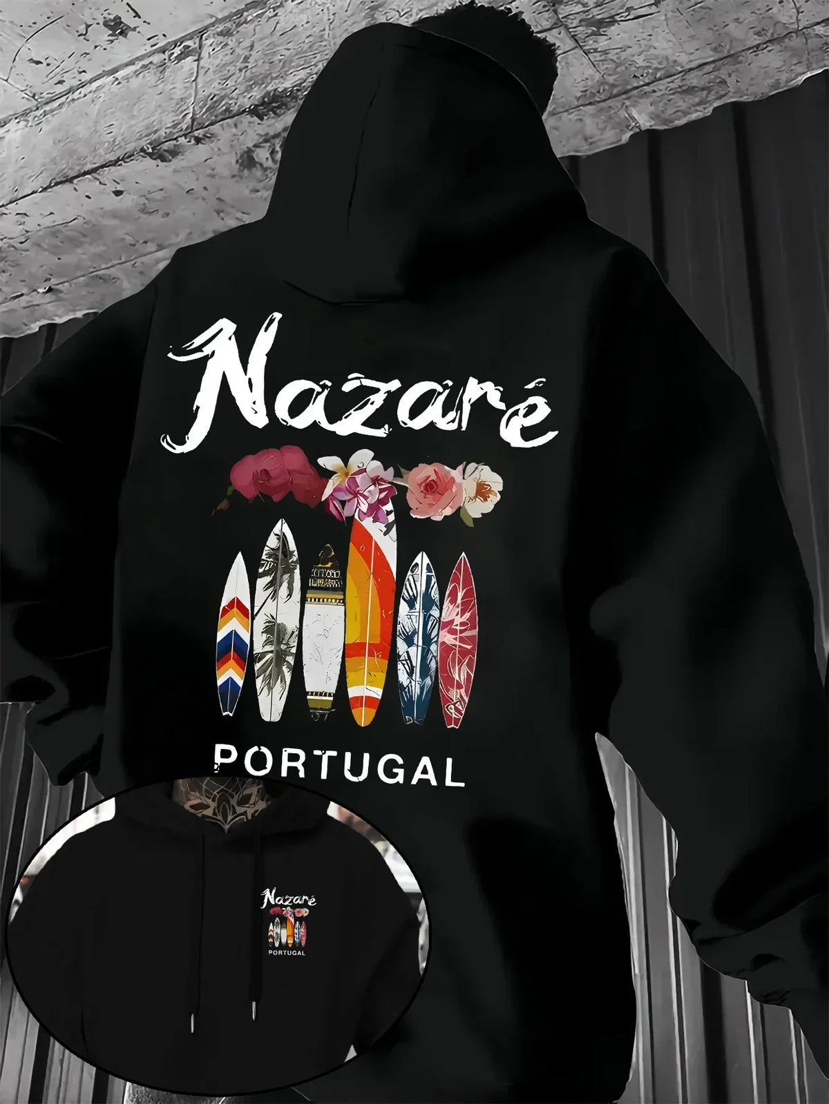 Beach Surf Nazare Portugal Hoodie Floral Surfboard Graphic Sweatshirt Unisex Vacation Retro Streetwear  Trendy Daily Tops