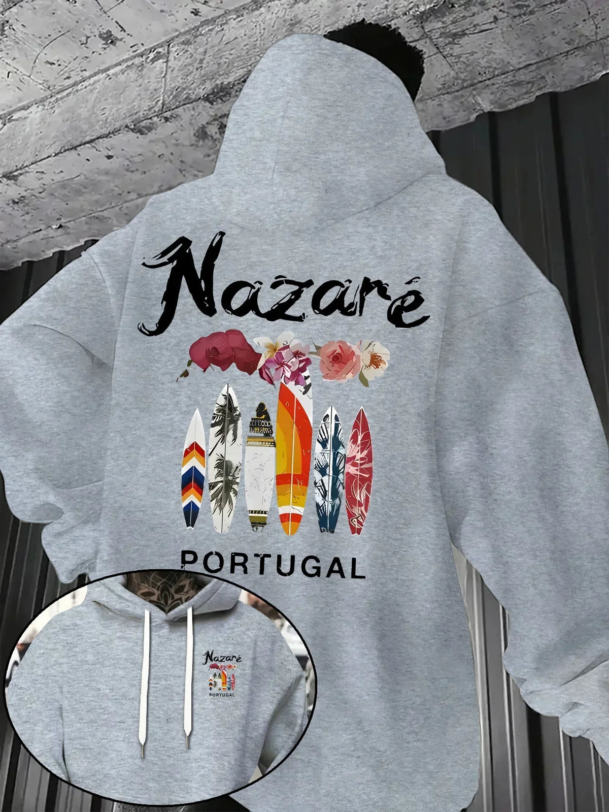 Beach Surf Nazare Portugal Hoodie Floral Surfboard Graphic Sweatshirt Unisex Vacation Retro Streetwear  Trendy Daily Tops