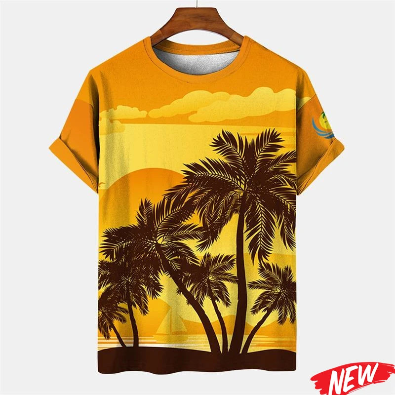 New Palm Tree Graphic Men's T-shirt Hawaiian Summer Beach T Shirt Casual Round Neck Short Sleeve Tops Street Loose Tee Shirts
