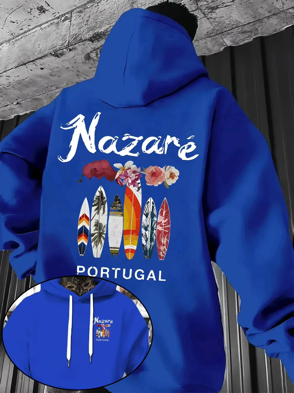 2026 Men’s Nazare Portugal Hoodie Surfboard Floral Graphic Front Back Print Fleece Pullover Sweatshirt Streetwear Autumn Winter