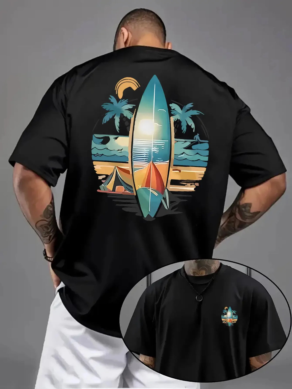Men's Casual Short-Sleeve T-Shirt, 100% Cotton, Printed Surfboard Pattern, Trendy Loose Crew Neck T-Shirt