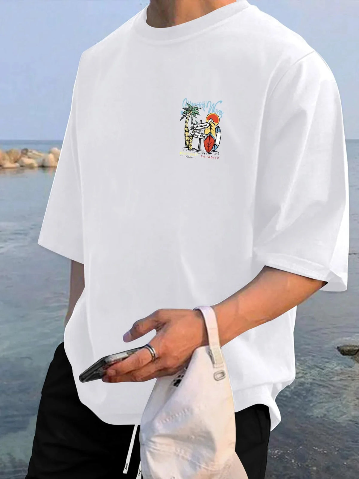 2026 Men's 100% Cotton Summer Waves Hawaii Surf Print T-Shirt White Short Sleeve Casual Tee For Beach & Surf Fans