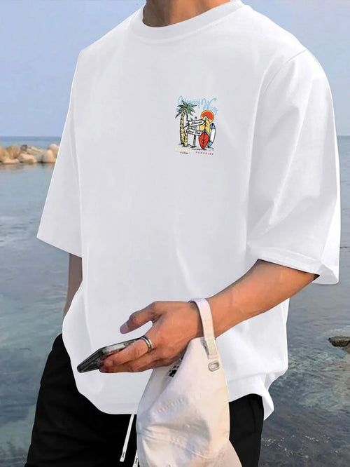 2026 Men's 100% Cotton Summer Waves Hawaii Surf Print T-Shirt White Short Sleeve Casual Tee For Beach & Surf Fans