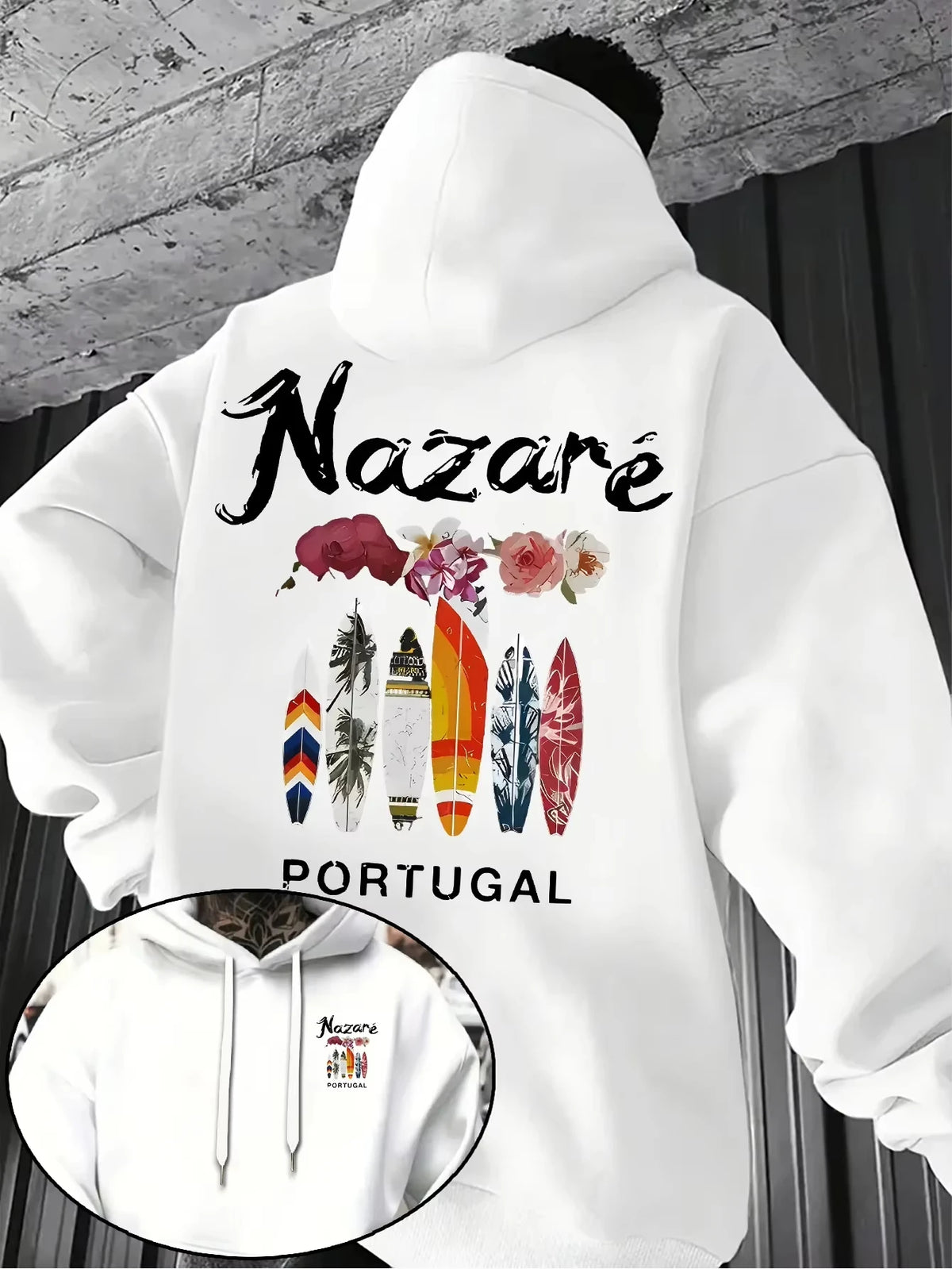 2026 Men’s Nazare Portugal Hoodie Surfboard Floral Graphic Front Back Print Fleece Pullover Sweatshirt Streetwear Autumn Winter