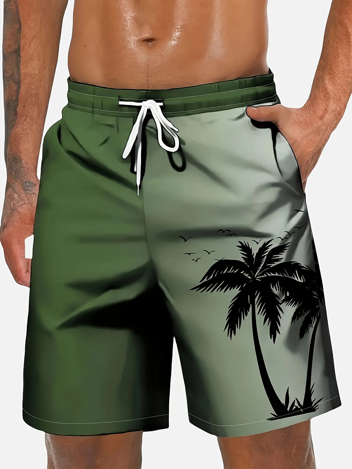 2026 New Harajuku-Style Coconut Tree Print Beach Shorts Summer Mens Palm Tree Gradient Surf Shorts Hawaiian-Inspired Cool Trunks