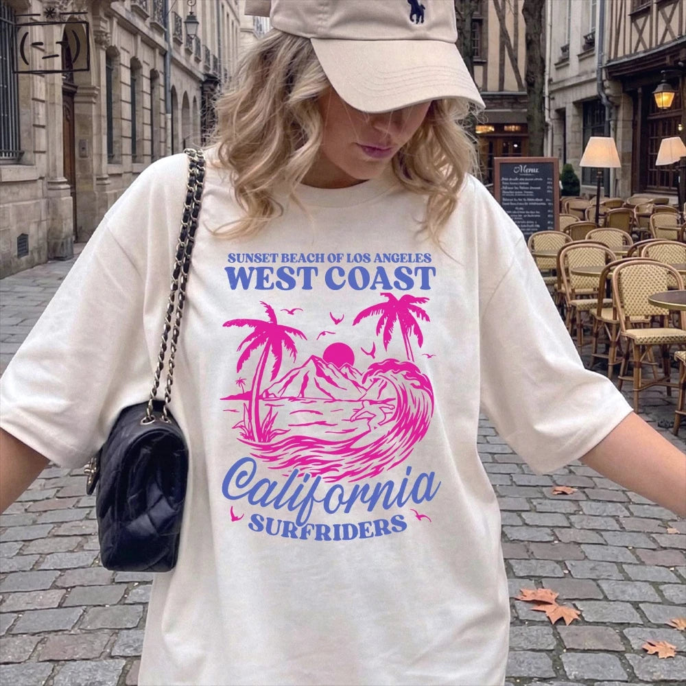 West Coast California Graphic T-Shirt Retro Beach Surf Tee Sunset Palm Tree Shirt Summer Aesthetic Women’s Casual Tee Y2k Tops
