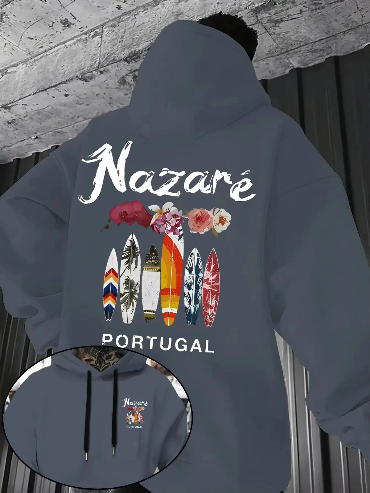 2026 Men’s Nazare Portugal Hoodie Surfboard Floral Graphic Front Back Print Fleece Pullover Sweatshirt Streetwear Autumn Winter