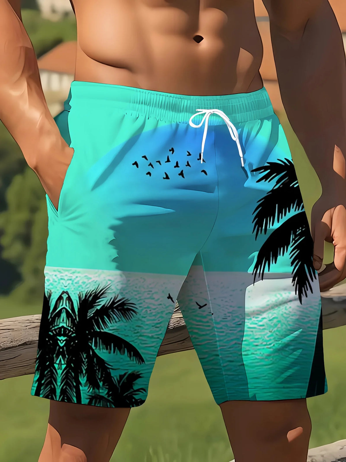 2026 New Harajuku-Style Coconut Tree Print Beach Shorts Summer Mens Palm Tree Gradient Surf Shorts Hawaiian-Inspired Cool Trunks