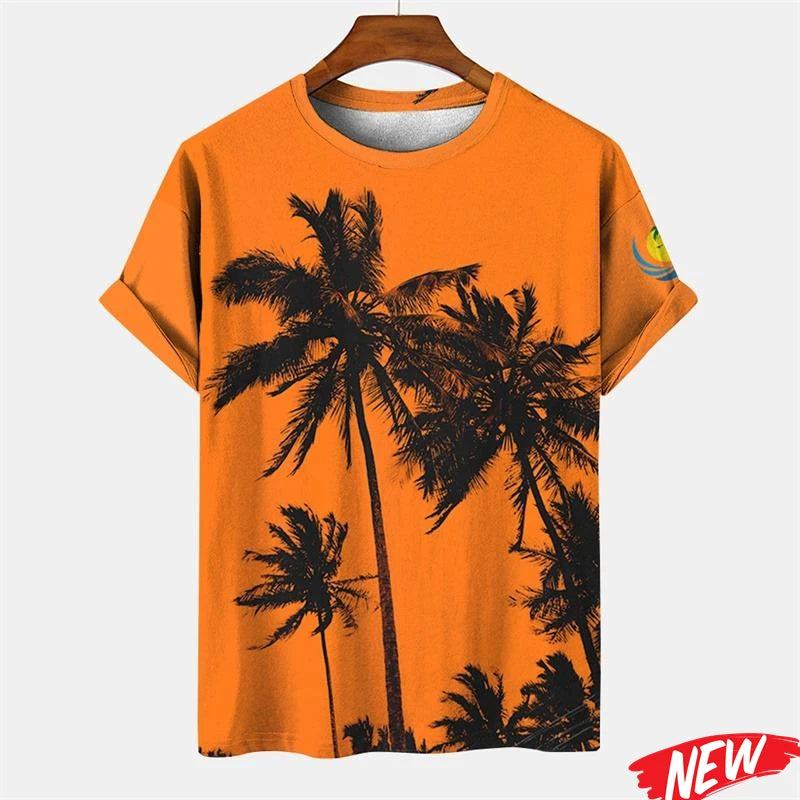 New Palm Tree Graphic Men's T-shirt Hawaiian Summer Beach T Shirt Casual Round Neck Short Sleeve Tops Street Loose Tee Shirts