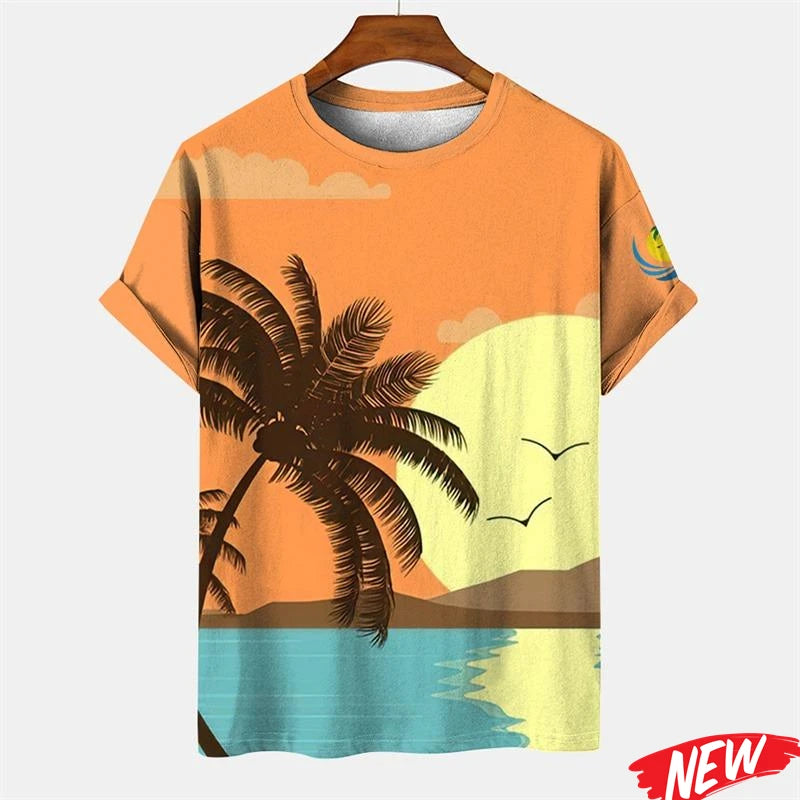 New Palm Tree Graphic Men's T-shirt Hawaiian Summer Beach T Shirt Casual Round Neck Short Sleeve Tops Street Loose Tee Shirts