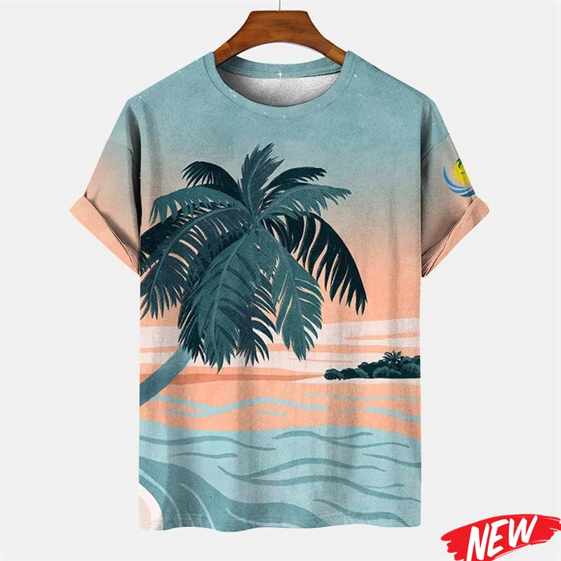 New Palm Tree Graphic Men's T-shirt Hawaiian Summer Beach T Shirt Casual Round Neck Short Sleeve Tops Street Loose Tee Shirts