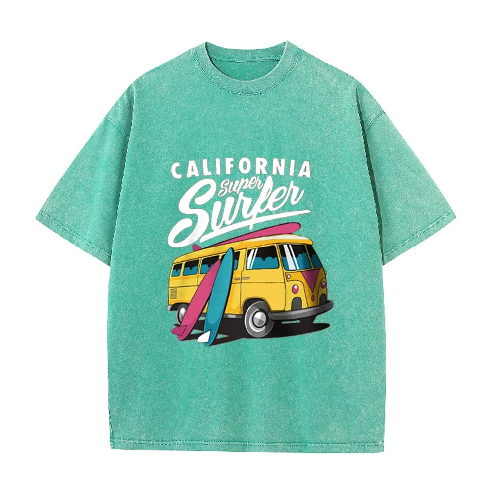 2026 California Super Surfer Van T Shirt Vintage Washed Pink Retro Graphic Tee Unisex Casual Beach Top