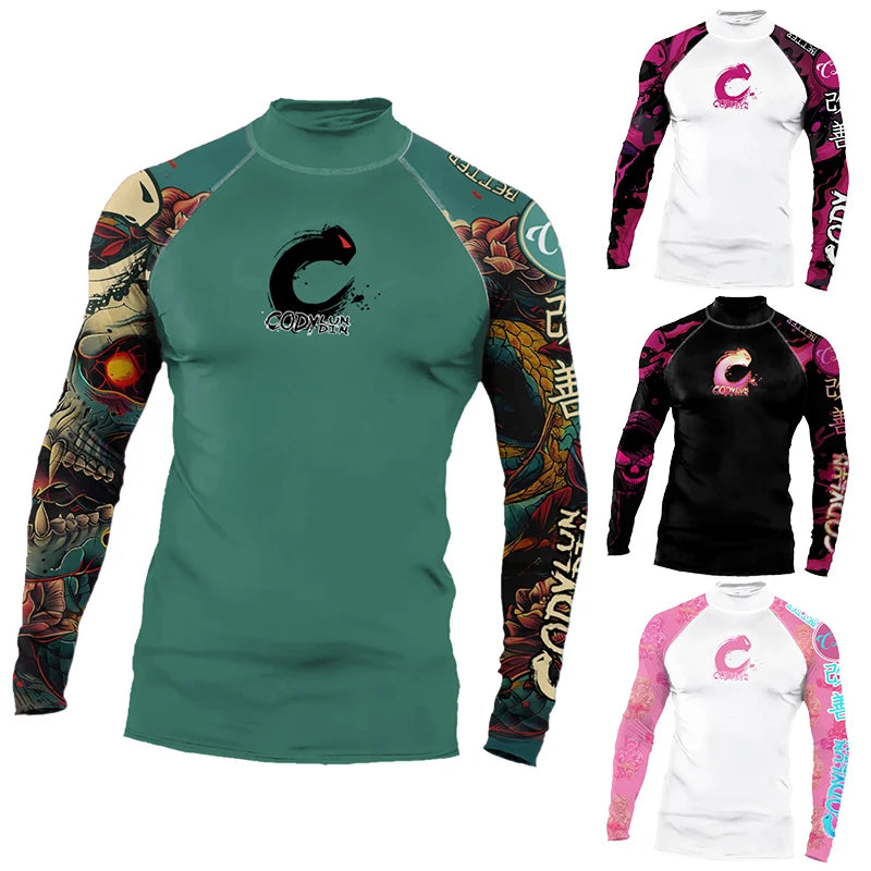 High Elasticity Couple UPF 50+ Long Sleeve Rash Guard Men Quick Dry Surf Shirt Sun Protection Swimwear for Swimming Beach Sports