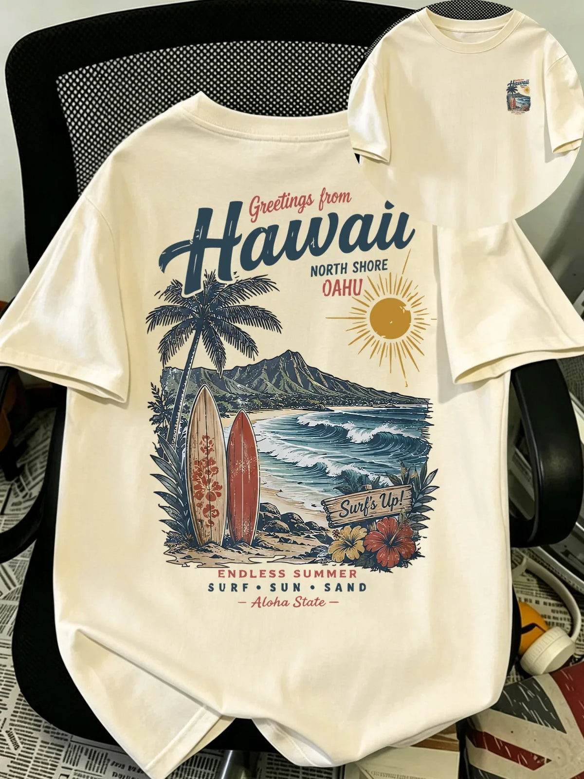 Men's Hawaii Surf T Shirt 100% Cotton Tropical Beach Palm Tree Graphic Print Vintage Vacation Streetwear Oversized Summer Tee