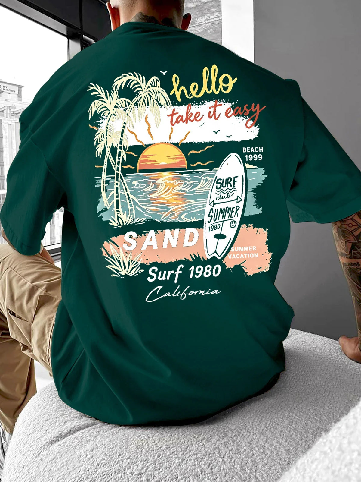 Men California Surf T Shirt Cotton Sunset Palm Tree Beach Graphic Print Oversized Vintage Streetwear Casual Short Sleeve Tee
