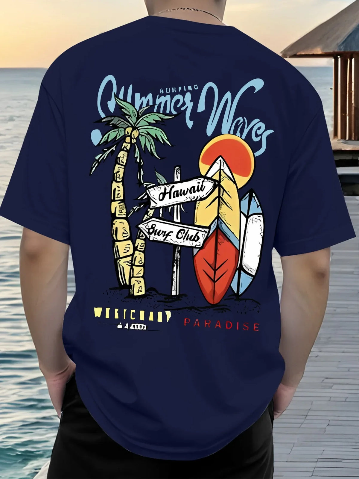 2026 Men's 100% Cotton Summer Waves Hawaii Surf Print T-Shirt White Short Sleeve Casual Tee For Beach & Surf Fans