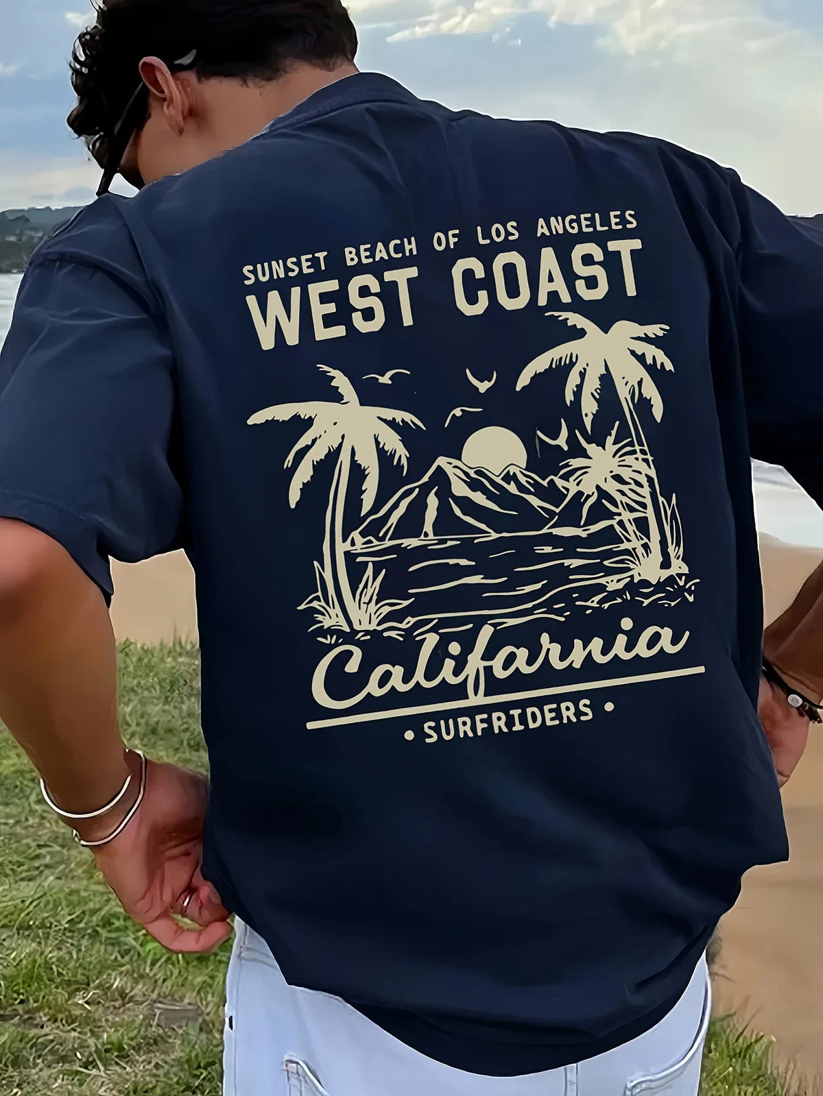 Men's Cotton Casual Loose Retro California Beach Surfing Pattern Printed Round Neck Short Sleeved T-shirt Top