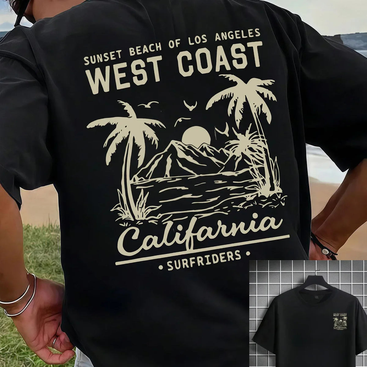 Men's Cotton Casual Loose Retro California Beach Surfing Pattern Printed Round Neck Short Sleeved T-shirt Top