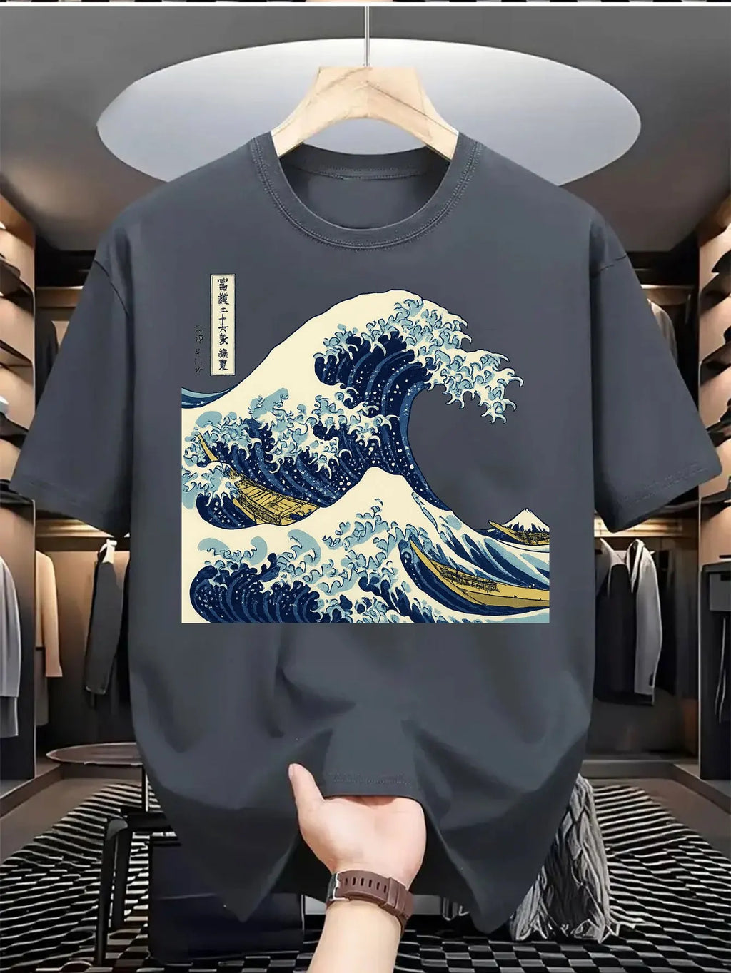 Men's Summer Pure Cotton Casual Loose Kanagawa Surfing Art Print Comfortable Sports Round Neck Short Sleeved T-Shirt Top